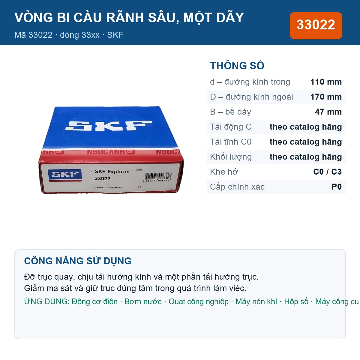 Vòng bi SKF 33022 — kích thước 110x170x47mm
