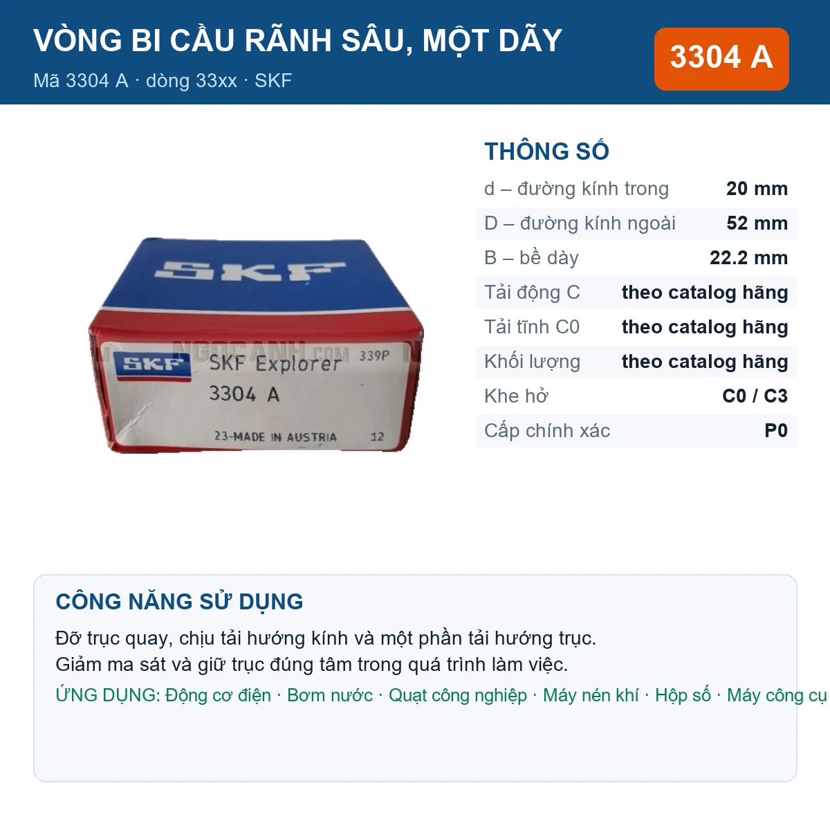 Vòng bi SKF 3304 A — kích thước 20x52x22.2mm