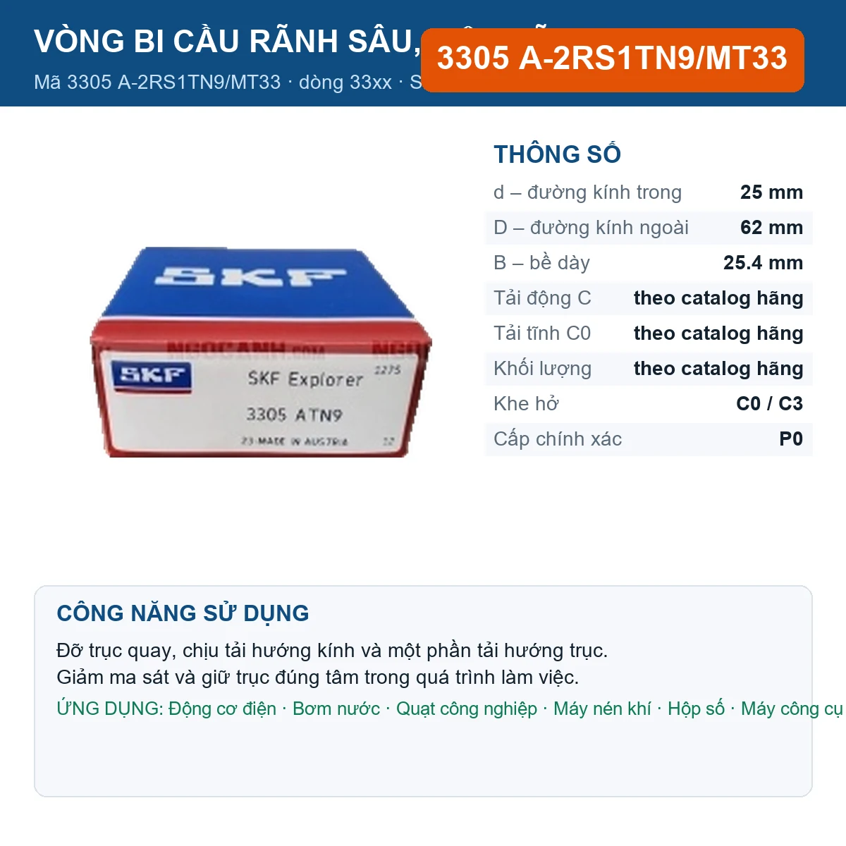 Vòng bi SKF 3305 A-2RS1TN9/MT33 — kích thước 25x62x25.4mm