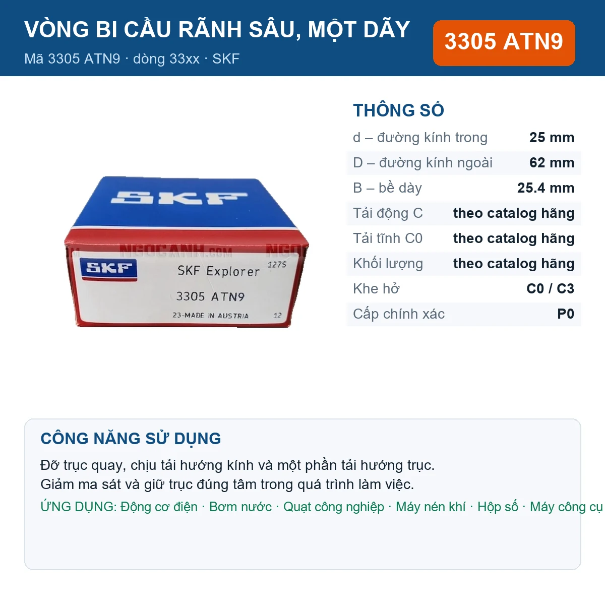 Vòng bi SKF 3305 ATN9 — kích thước 25x62x25.4mm