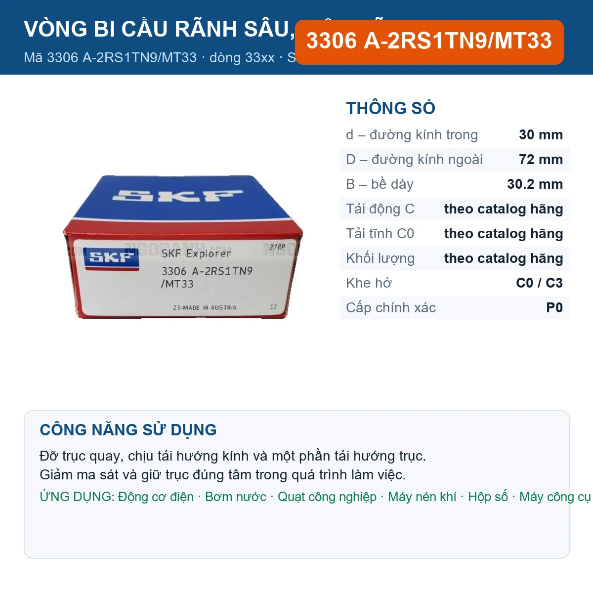Vòng bi SKF 3306 A-2RS1TN9/MT33 — kích thước 30x72x30.2mm