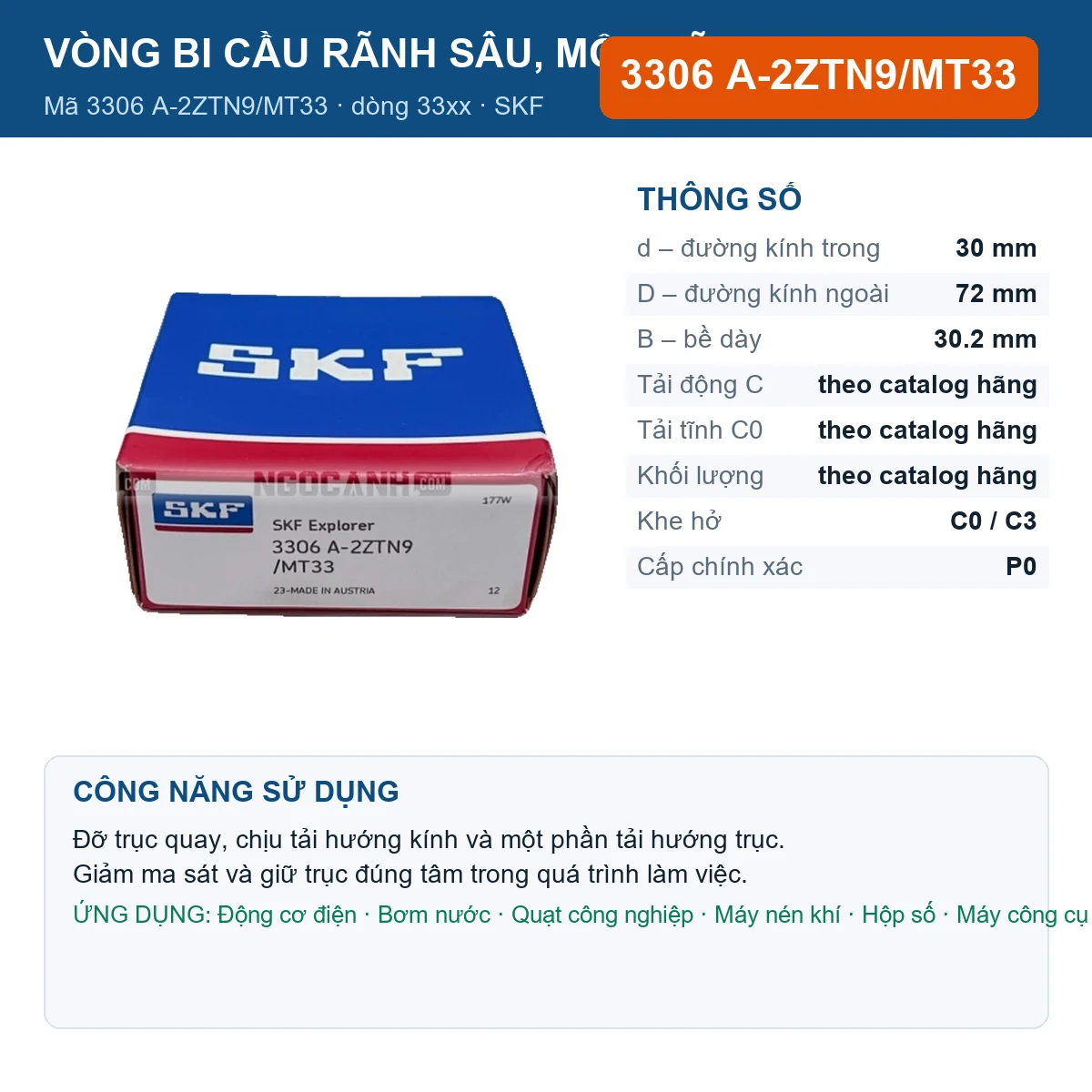 Vòng bi SKF 3306 A-2ZTN9/MT33 — kích thước 30x72x30.2mm