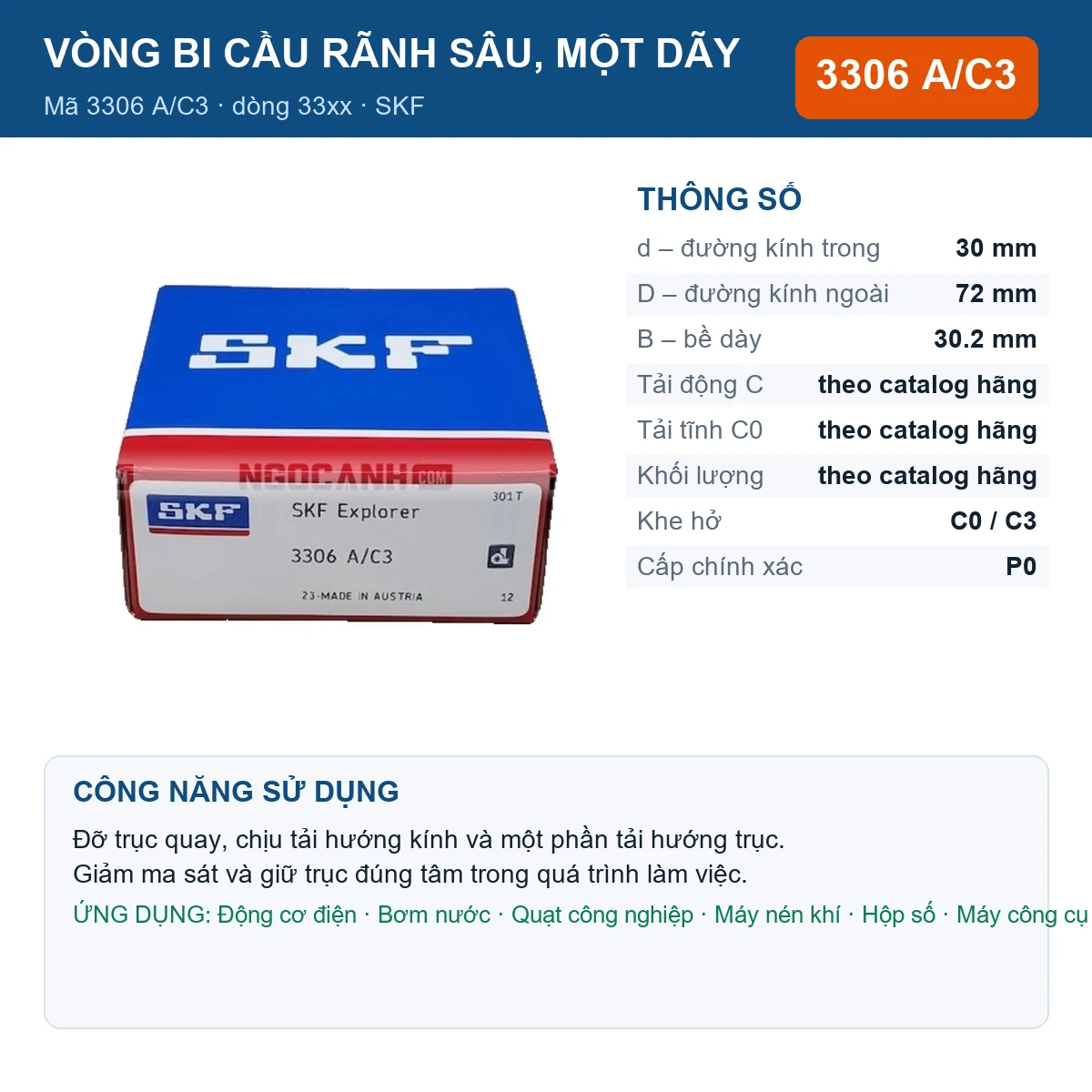 Vòng bi SKF 3306 A/C3 — kích thước 30x72x30.2mm