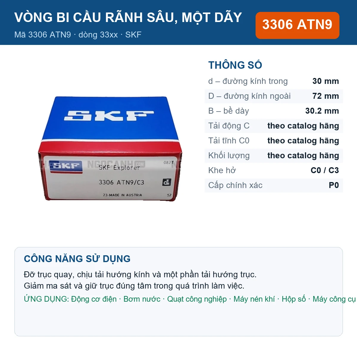 Vòng bi SKF 3306 ATN9 — kích thước 30x72x30.2mm