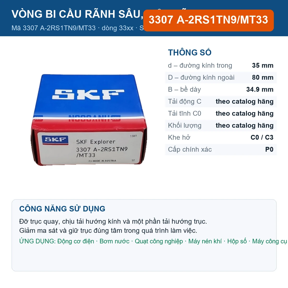 Vòng bi SKF 3307 A-2RS1TN9/MT33 — kích thước 35x80x34.9mm