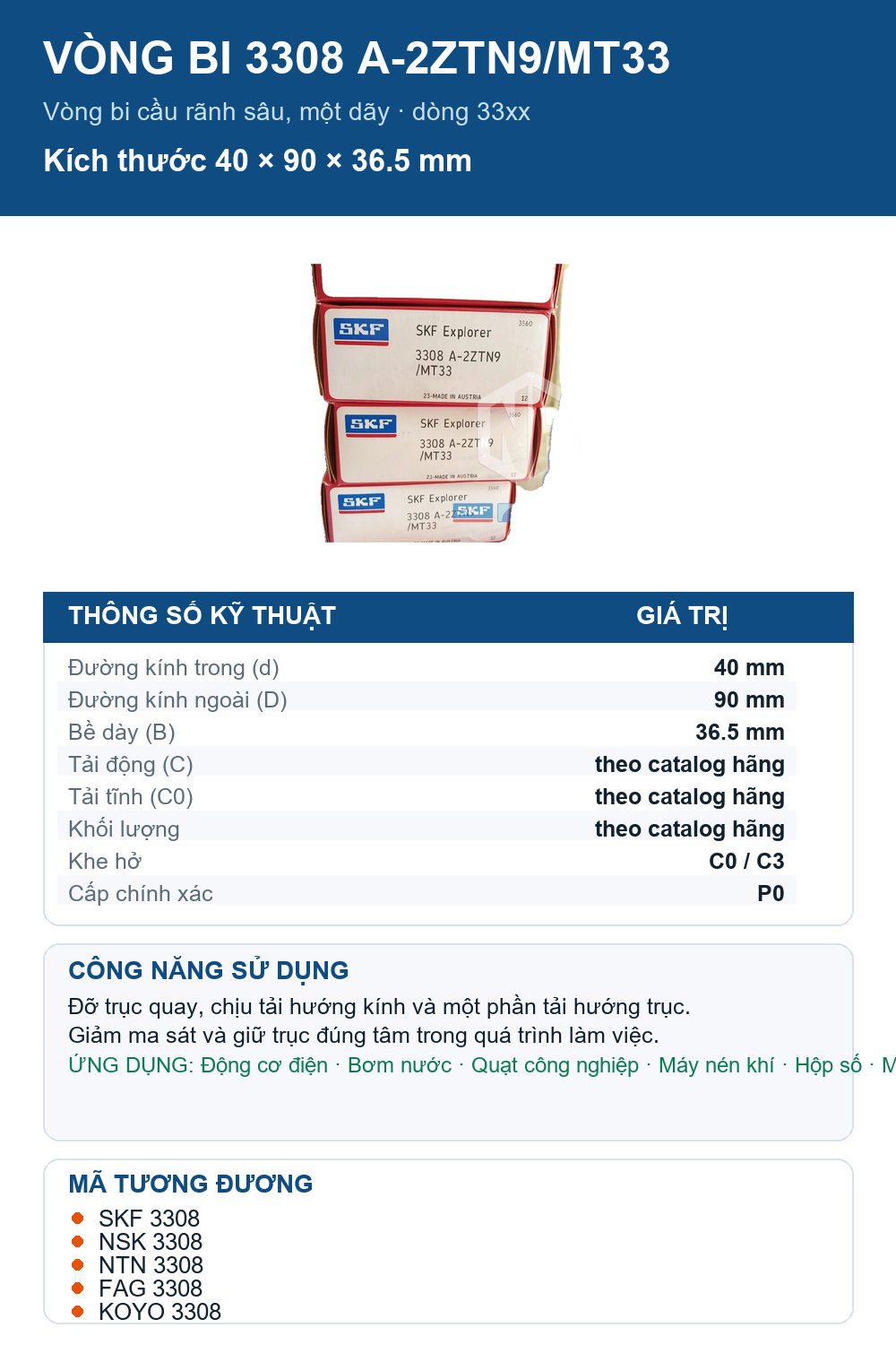 Vòng bi SKF 3308 A-2ZTN9/MT33 40x90x36.5mm — Ảnh thông số (Pinterest)