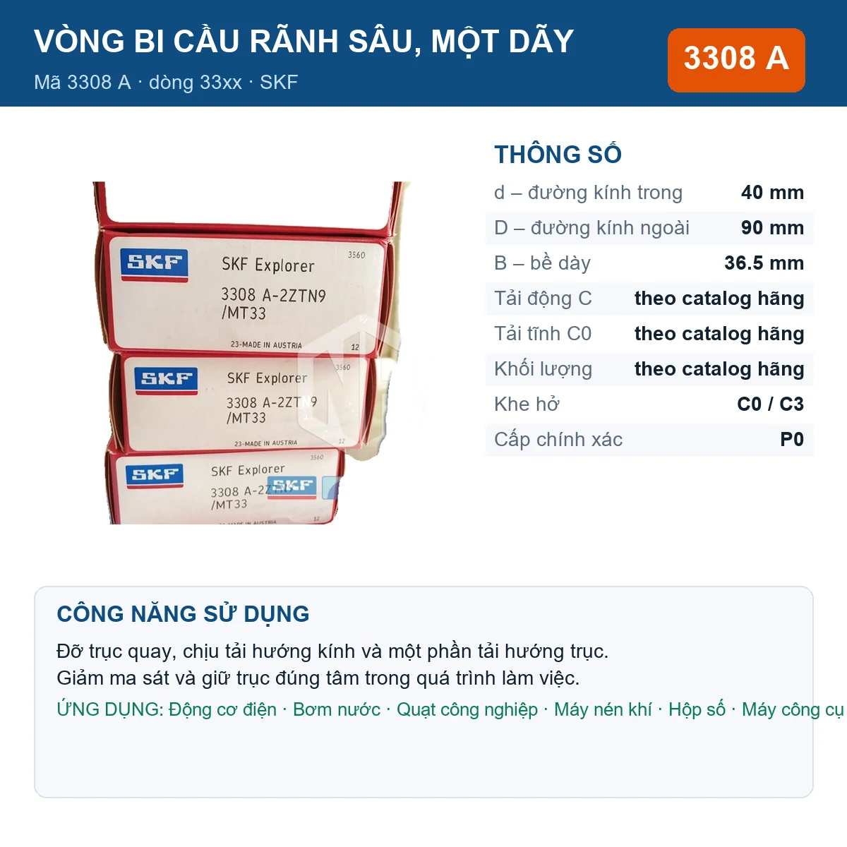 Vòng bi SKF 3308 A — kích thước 40x90x36.5mm