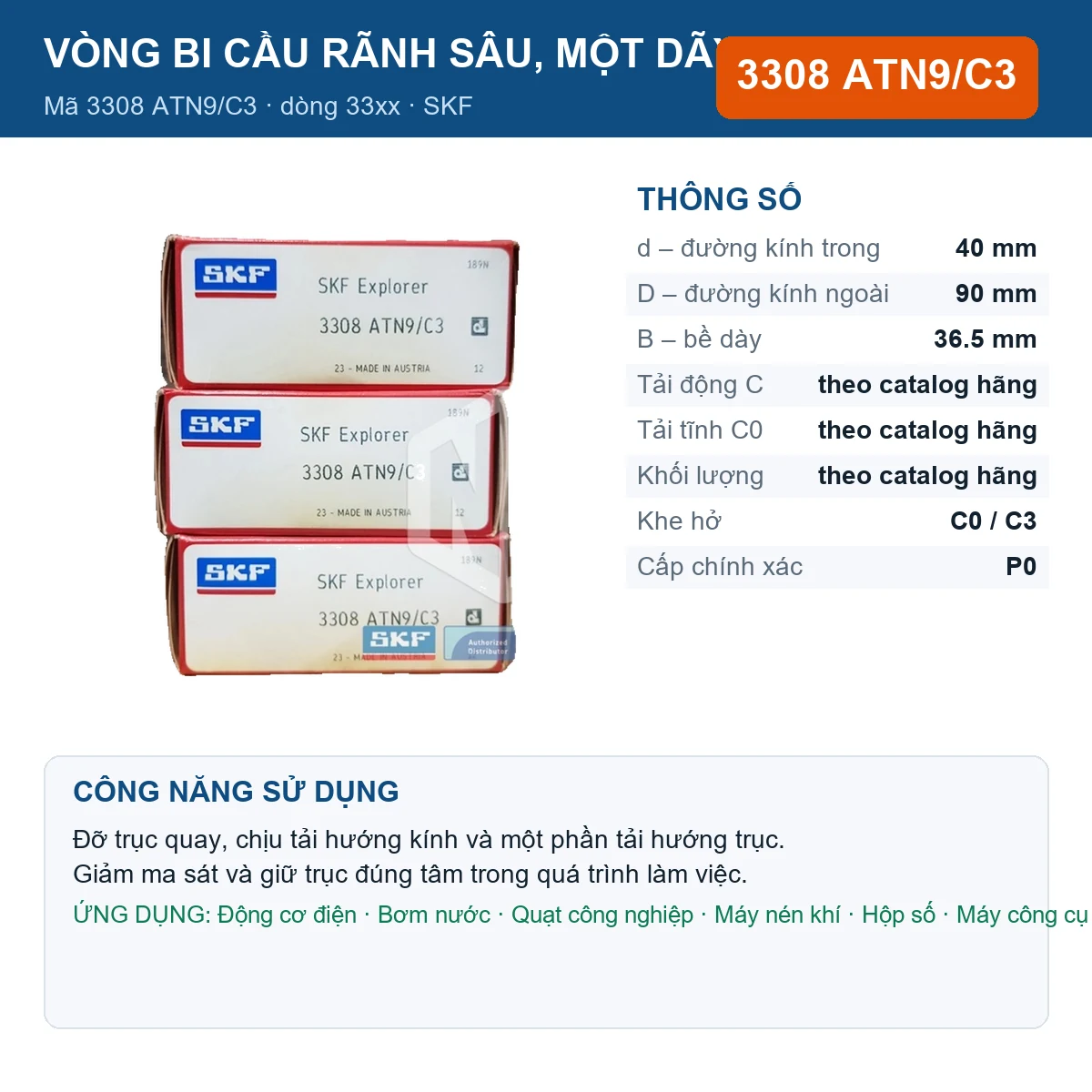 Vòng bi SKF 3308 ATN9/C3 — kích thước 40x90x36.5mm