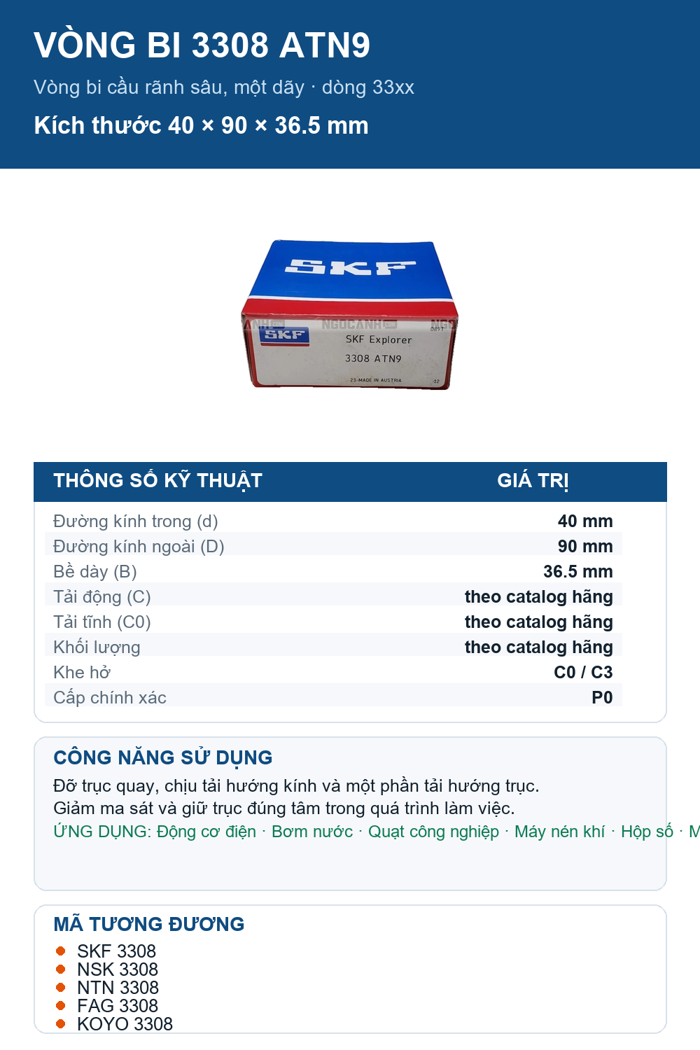 Vòng bi SKF 3308 ATN9 40x90x36.5mm — Ảnh thông số (Pinterest)