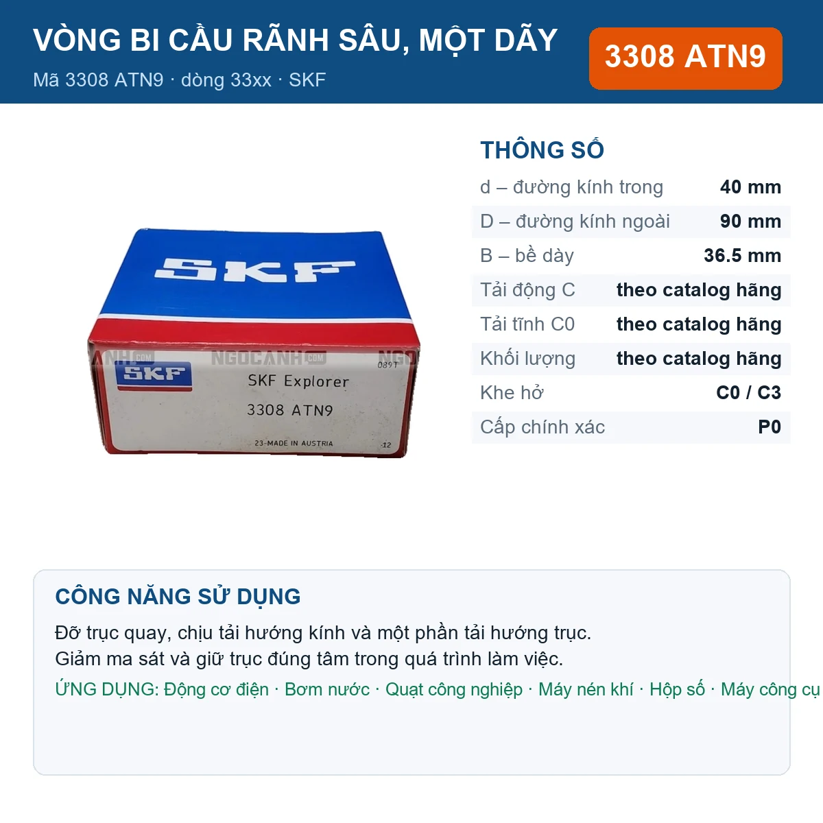 Vòng bi SKF 3308 ATN9 — kích thước 40x90x36.5mm