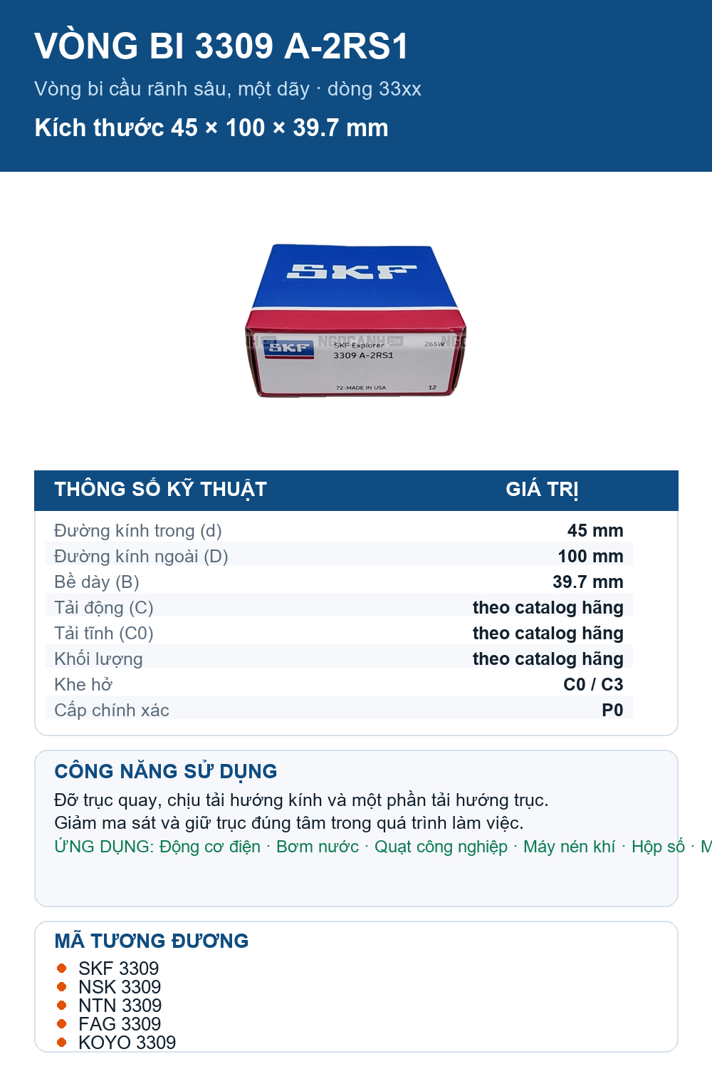 Vòng bi SKF 3309 A-2RS1 45x100x39.7mm — Ảnh thông số (Pinterest)
