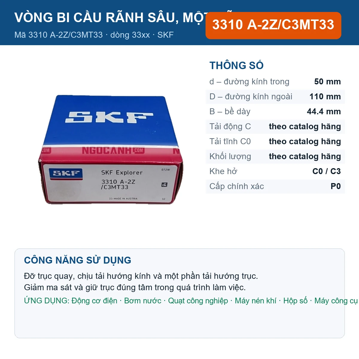 Vòng bi SKF 3310 A-2Z/C3MT33 — kích thước 50x110x44.4mm