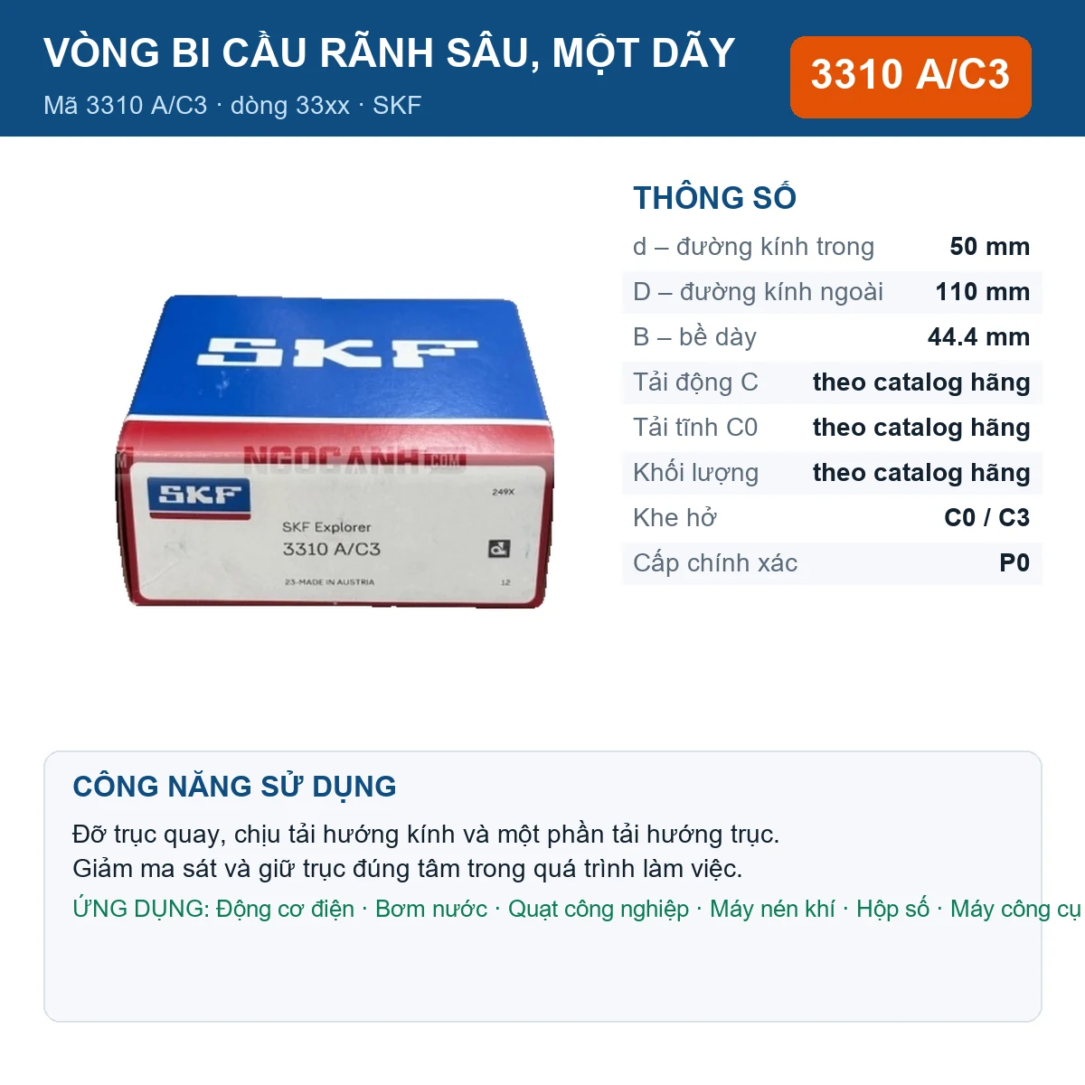 Vòng bi SKF 3310 A/C3 — kích thước 50x110x44.4mm