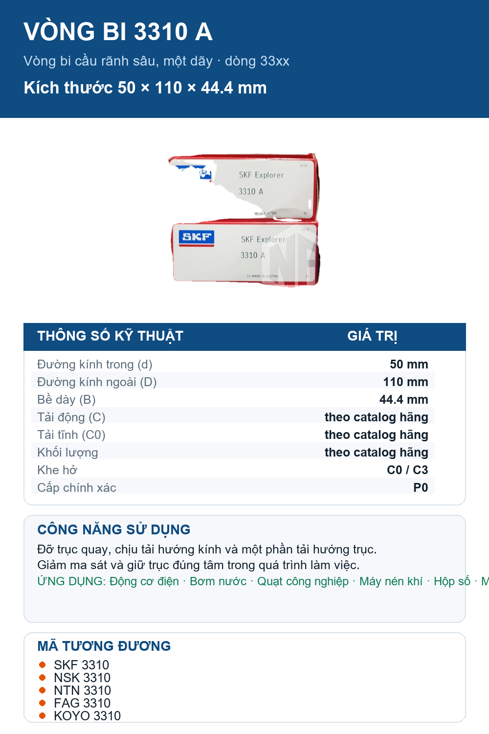 Vòng bi SKF 3310 A 50x110x44.4mm — Ảnh thông số (Pinterest)