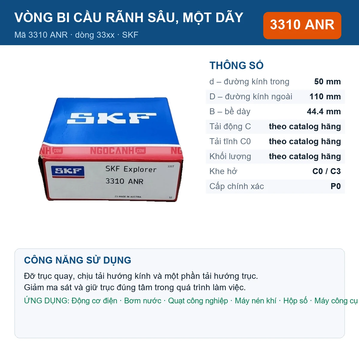 Vòng bi SKF 3310 ANR — kích thước 50x110x44.4mm