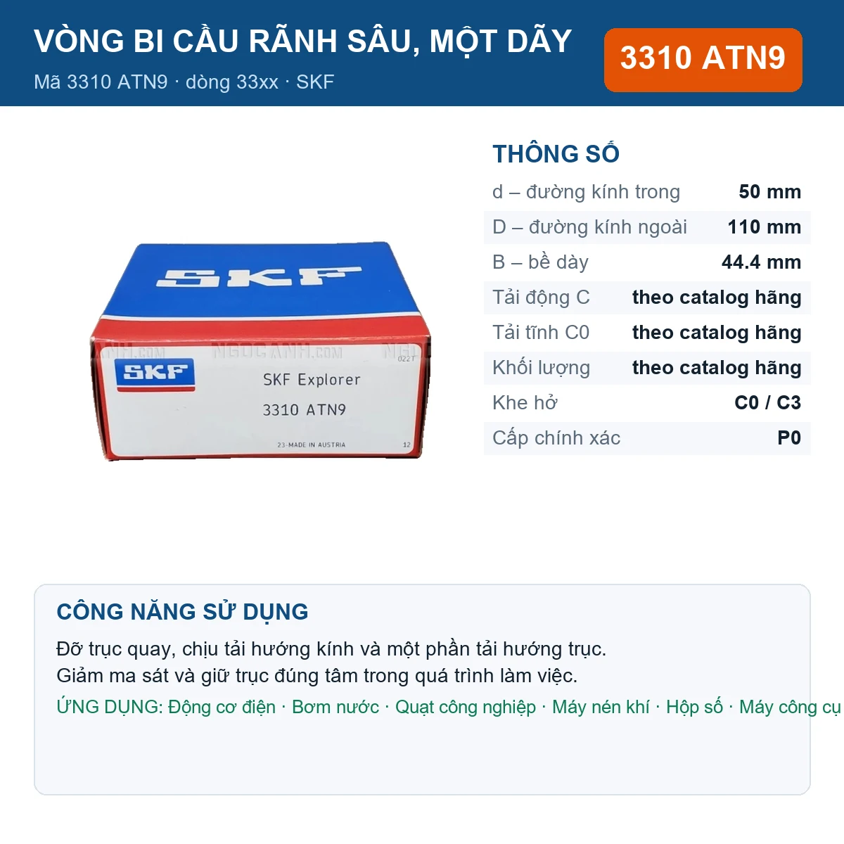Vòng bi SKF 3310 ATN9 — kích thước 50x110x44.4mm