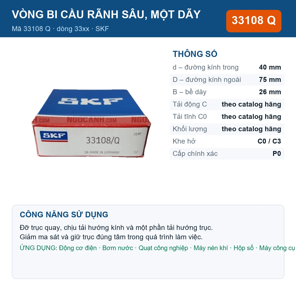 Vòng bi SKF 33108 Q — kích thước 40x75x26mm