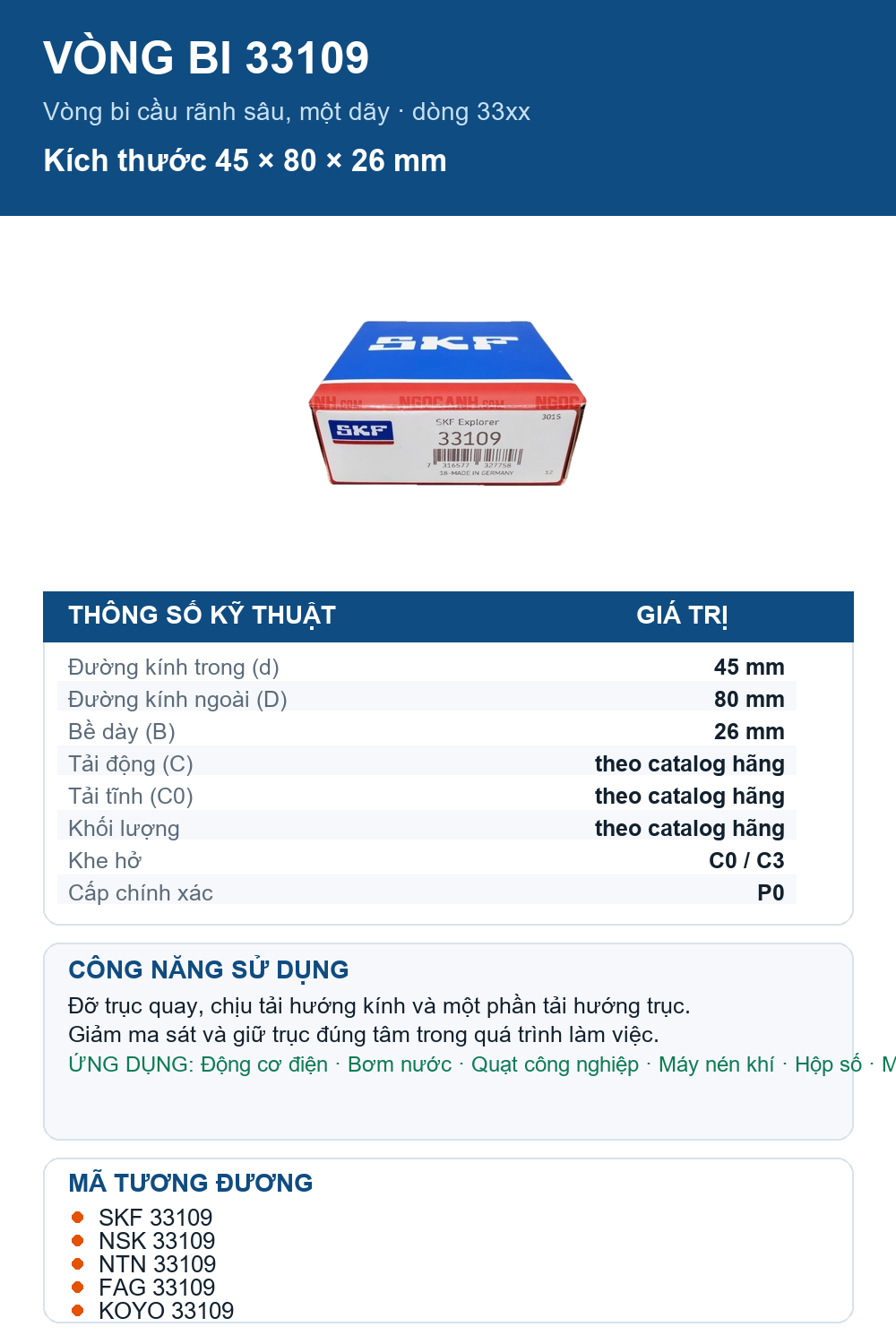 Vòng bi SKF 33109 45x80x26mm — Ảnh thông số (Pinterest)
