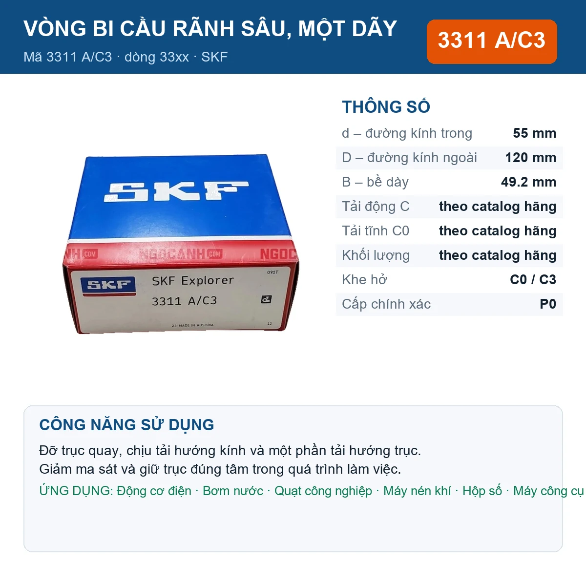 Vòng bi SKF 3311 A/C3 — kích thước 55x120x49.2mm