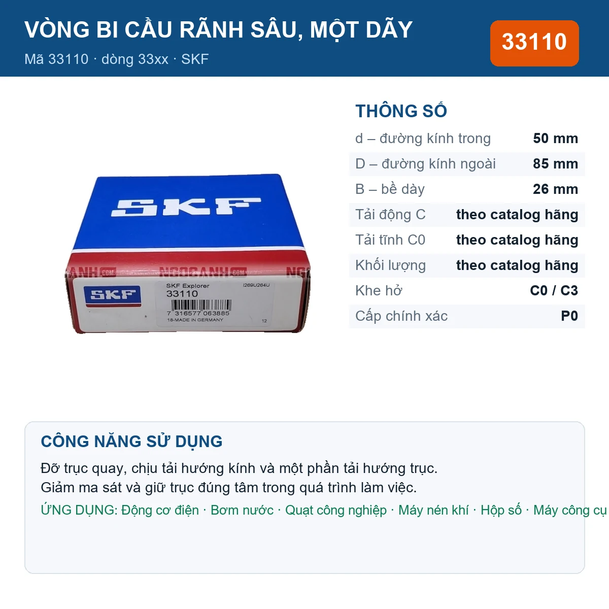 Vòng bi SKF 33110 — kích thước 50x85x26mm