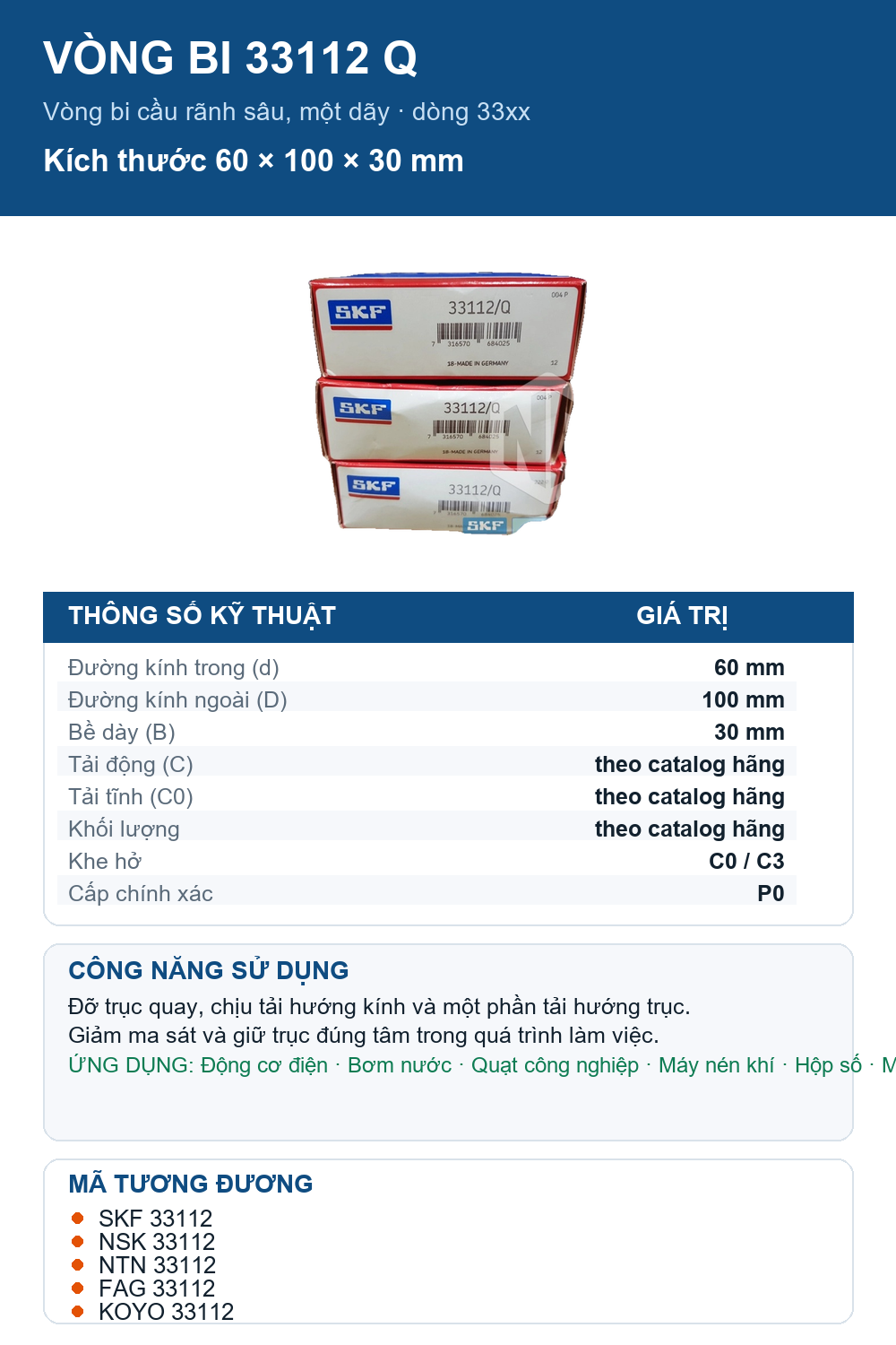 Vòng bi SKF 33112 Q 60x100x30mm — Ảnh thông số (Pinterest)
