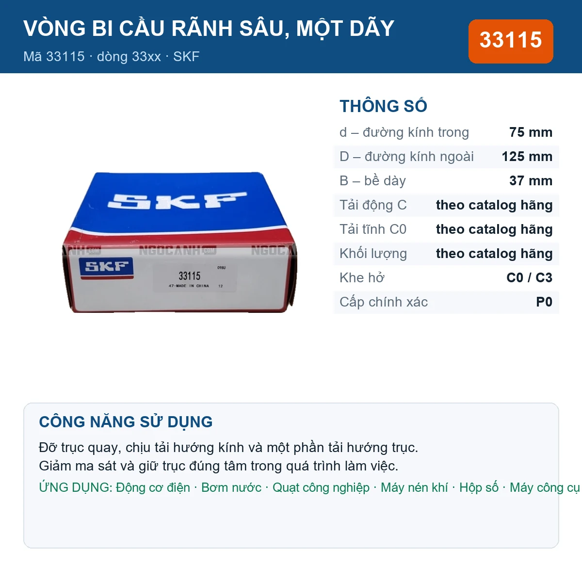 Vòng bi SKF 33115 — kích thước 75x125x37mm