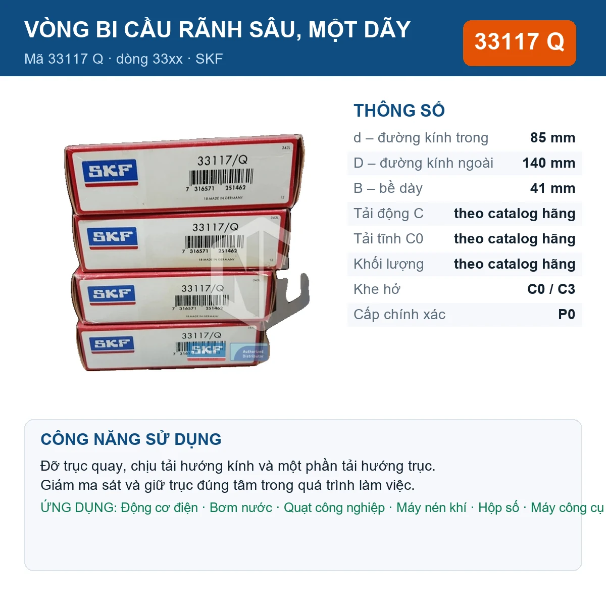 Vòng bi SKF 33117 Q — kích thước 85x140x41mm