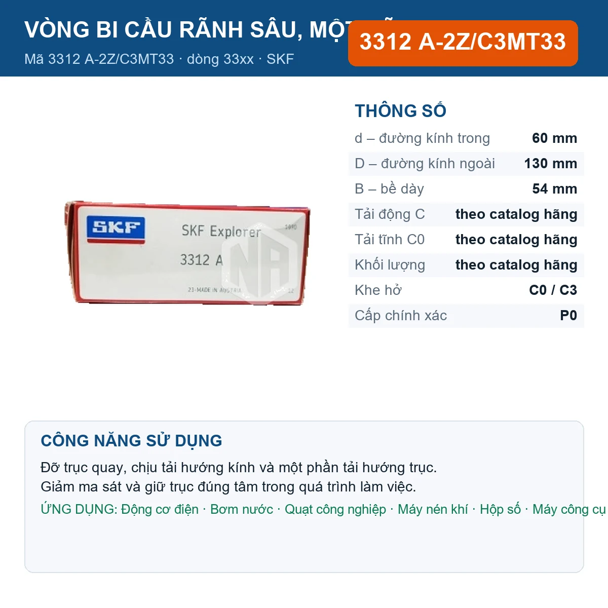 Vòng bi SKF 3312 A-2Z/C3MT33 — kích thước 60x130x54mm