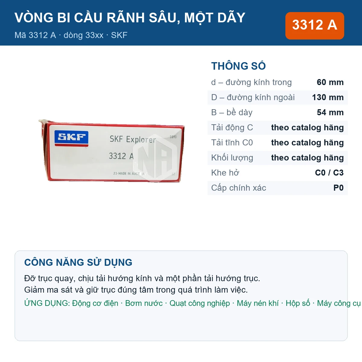 Vòng bi SKF 3312 A — kích thước 60x130x54mm