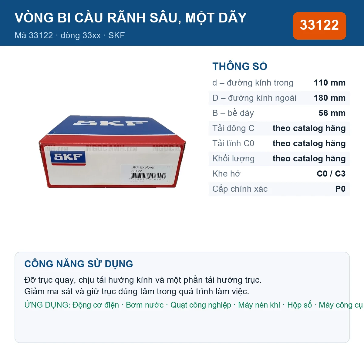 Vòng bi SKF 33122 — kích thước 110x180x56mm