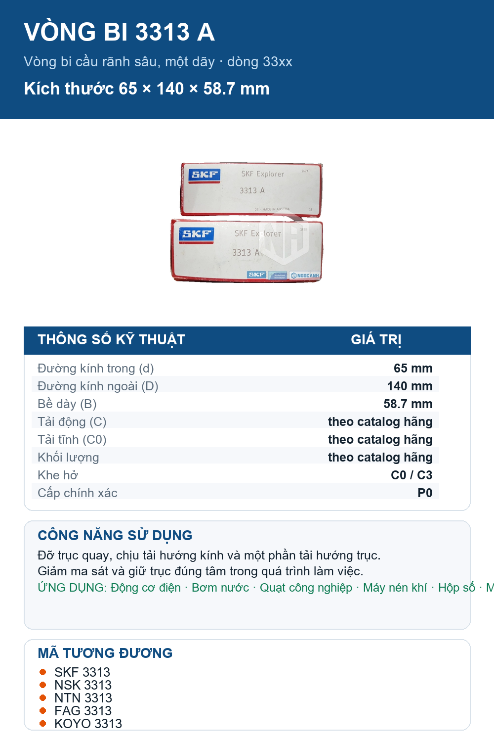 Vòng bi SKF 3313 A 65x140x58.7mm — Ảnh thông số (Pinterest)