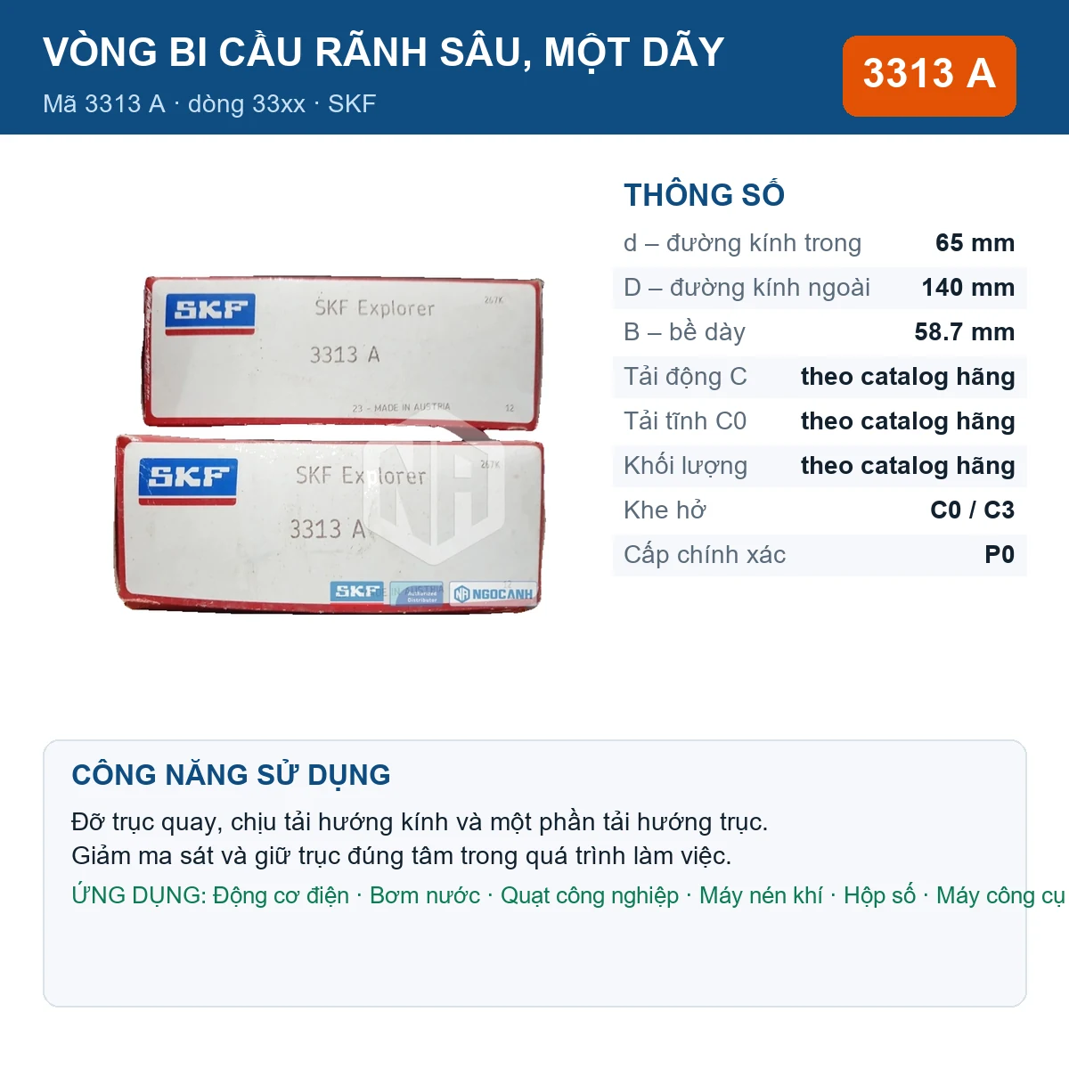 Vòng bi SKF 3313 A — kích thước 65x140x58.7mm