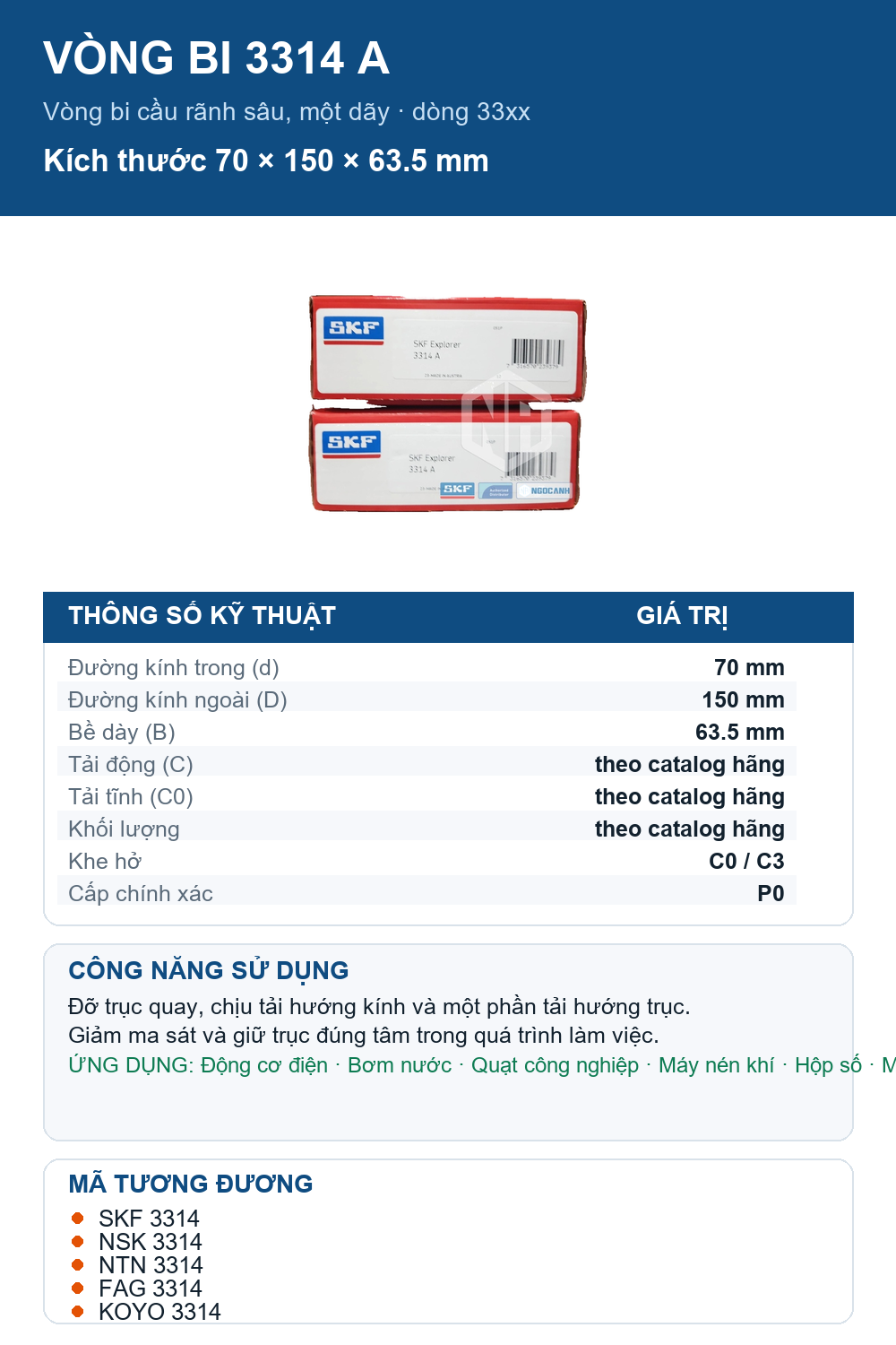 Vòng bi SKF 3314 A 70x150x63.5mm — Ảnh thông số (Pinterest)