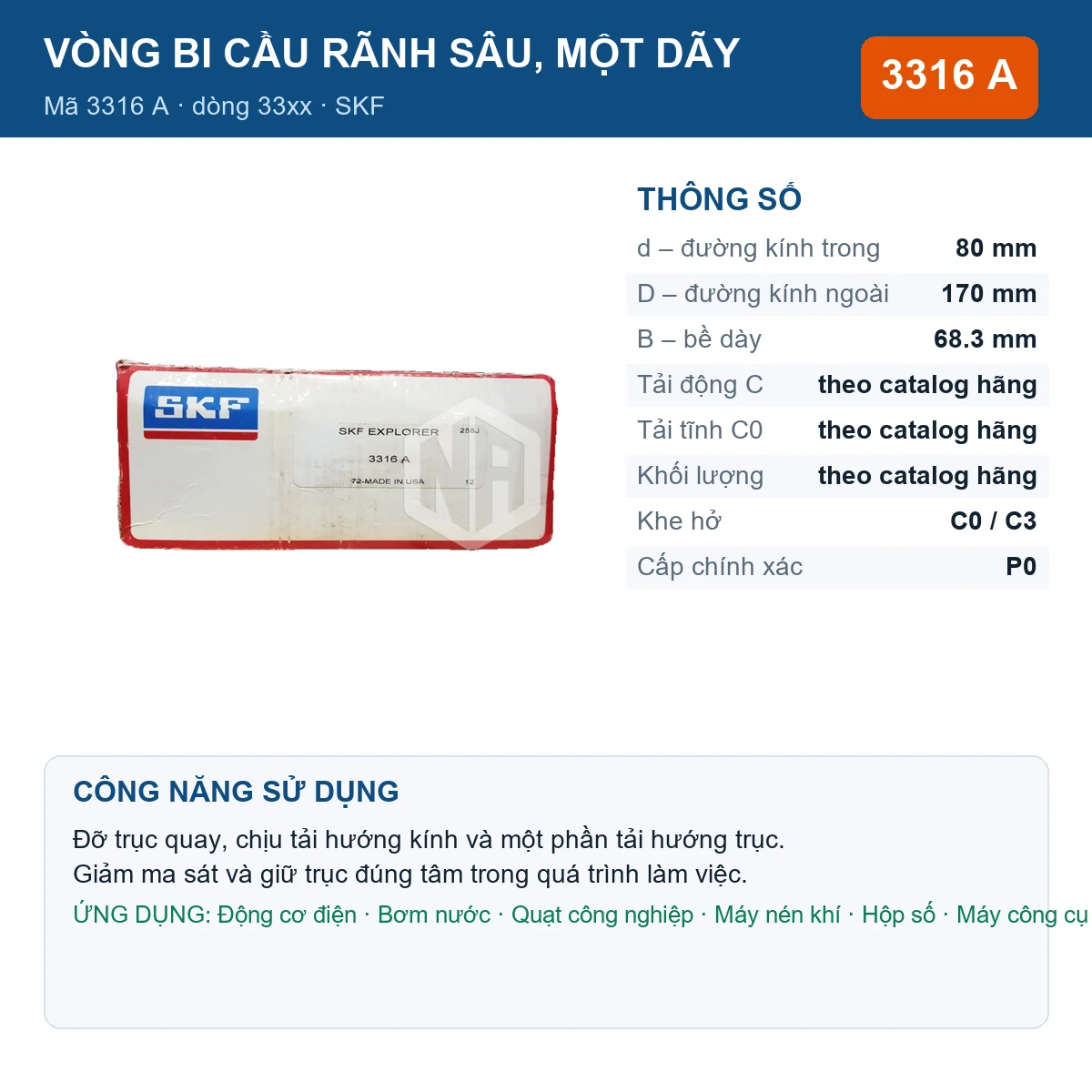 Vòng bi SKF 3316 A — kích thước 80x170x68.3mm