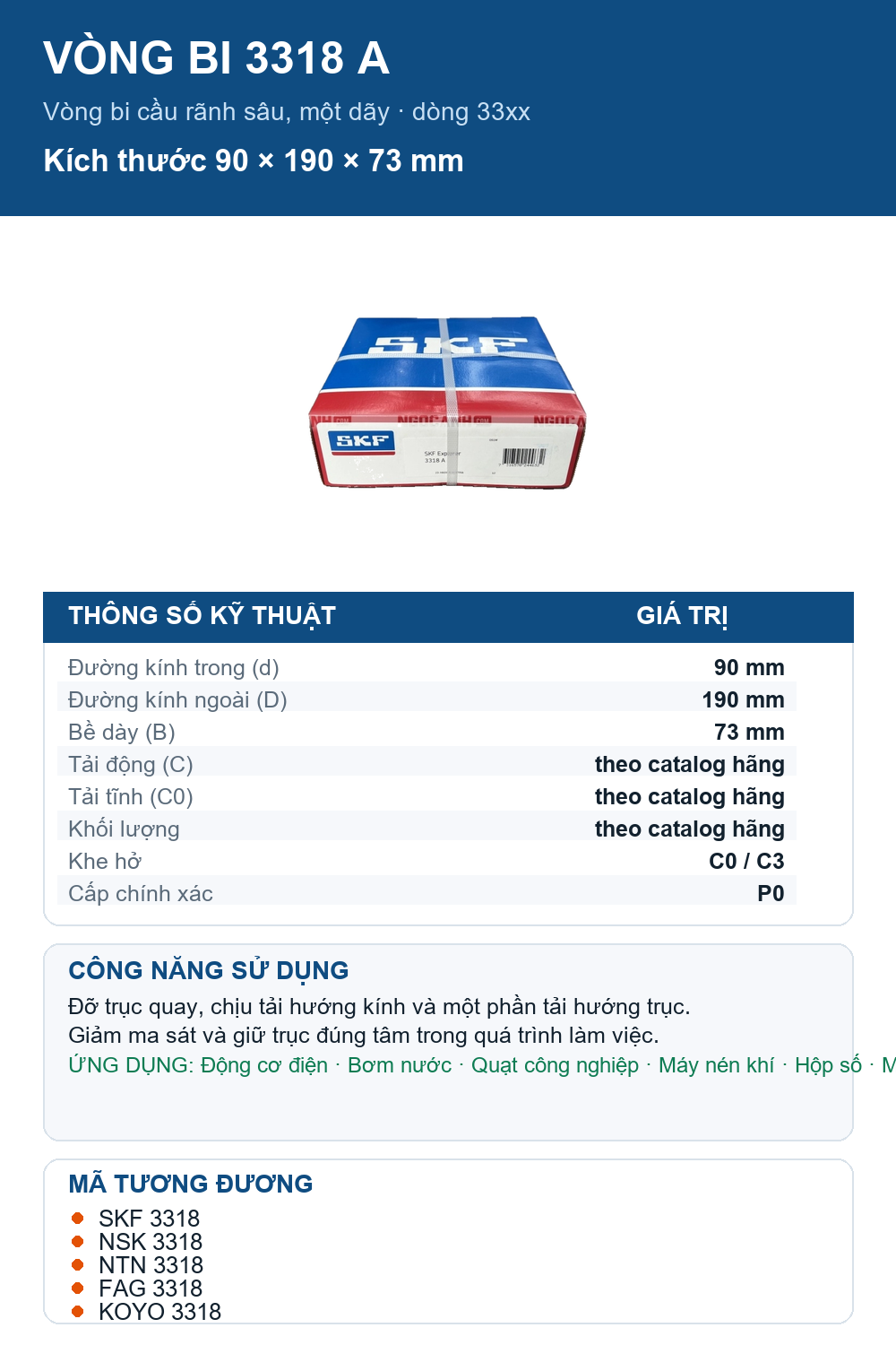 Vòng bi SKF 3318 A 90x190x73mm — Ảnh thông số (Pinterest)