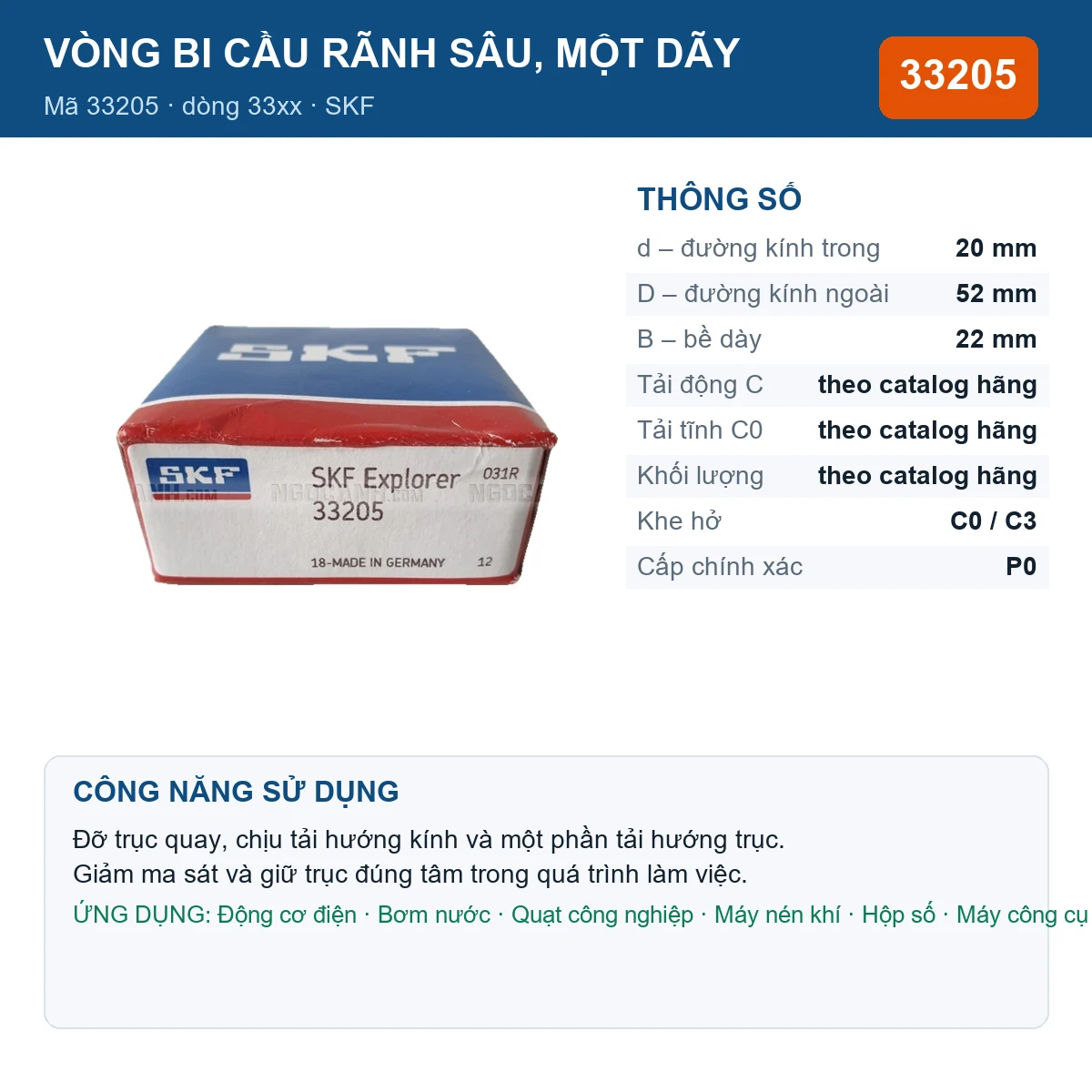 Vòng bi SKF 33205 — kích thước 20x52x22mm