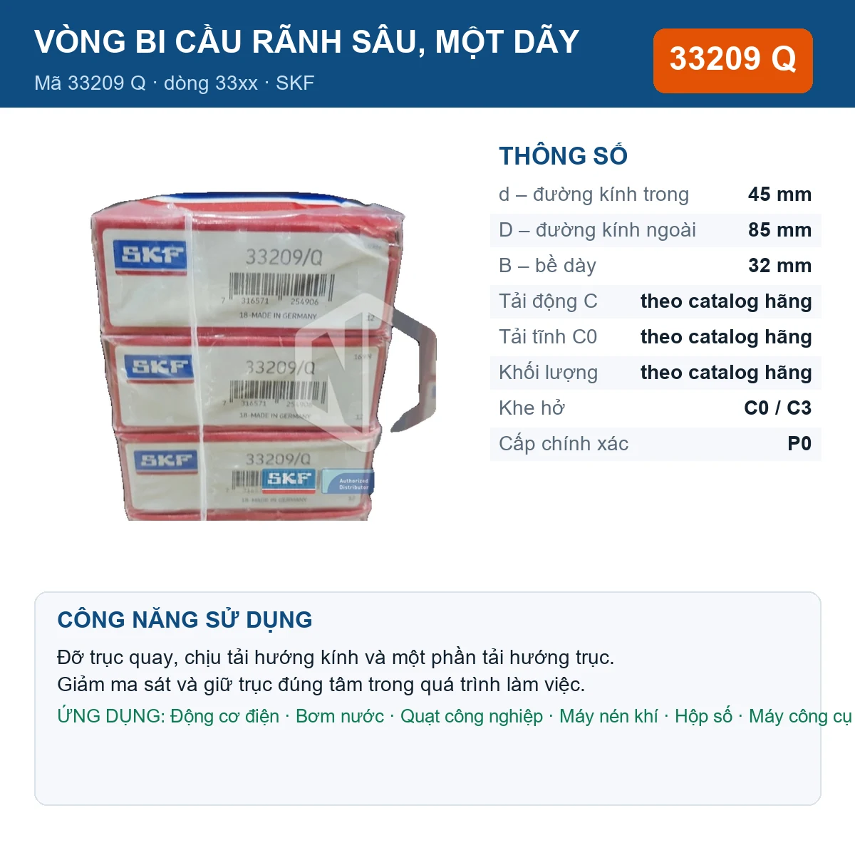 Vòng bi SKF 33209 Q — kích thước 45x85x32mm