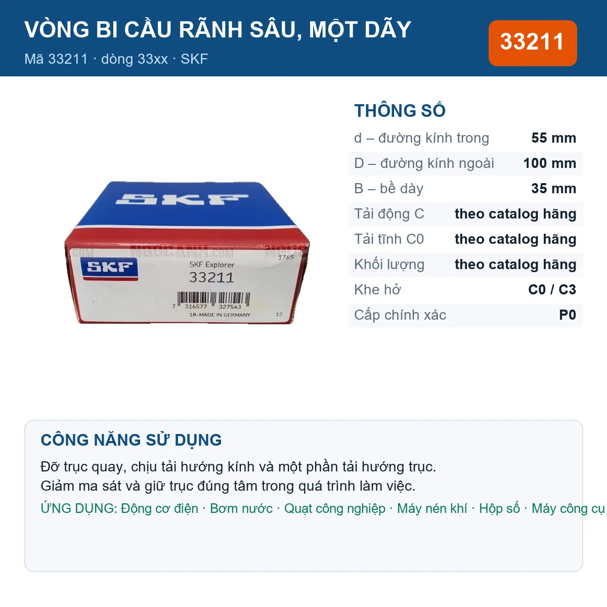 Vòng bi SKF 33211 — kích thước 55x100x35mm