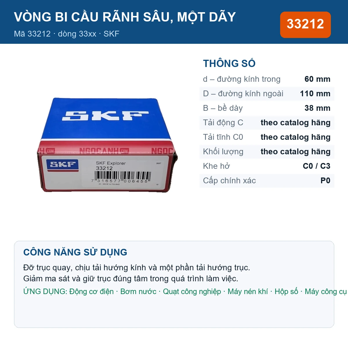 Vòng bi SKF 33212 — kích thước 60x110x38mm