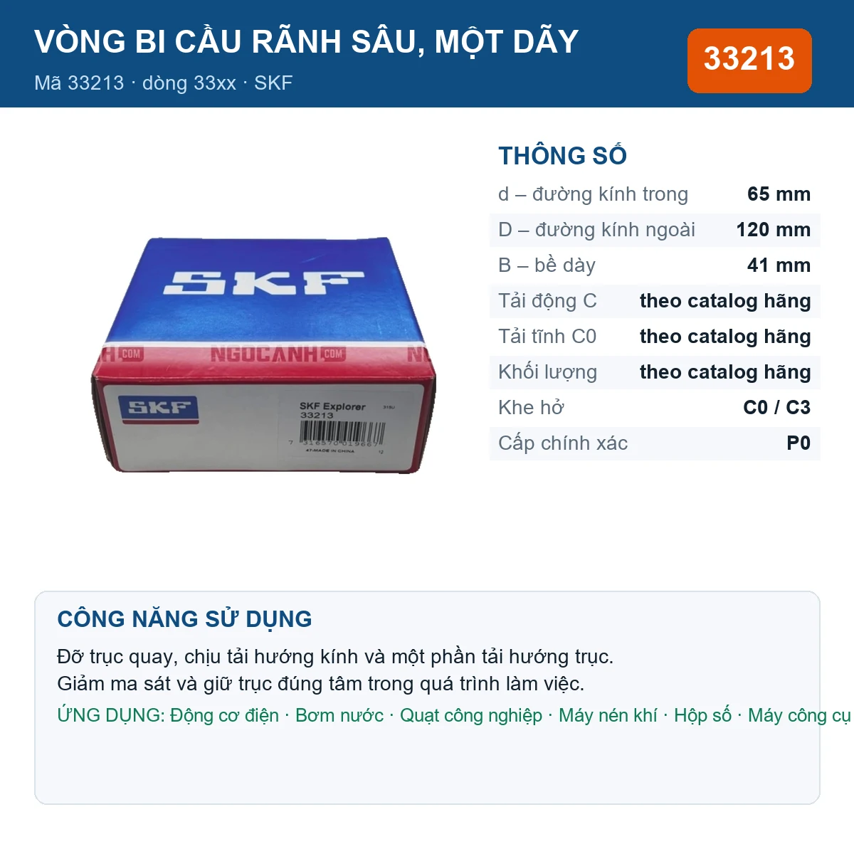 Vòng bi SKF 33213 — kích thước 65x120x41mm
