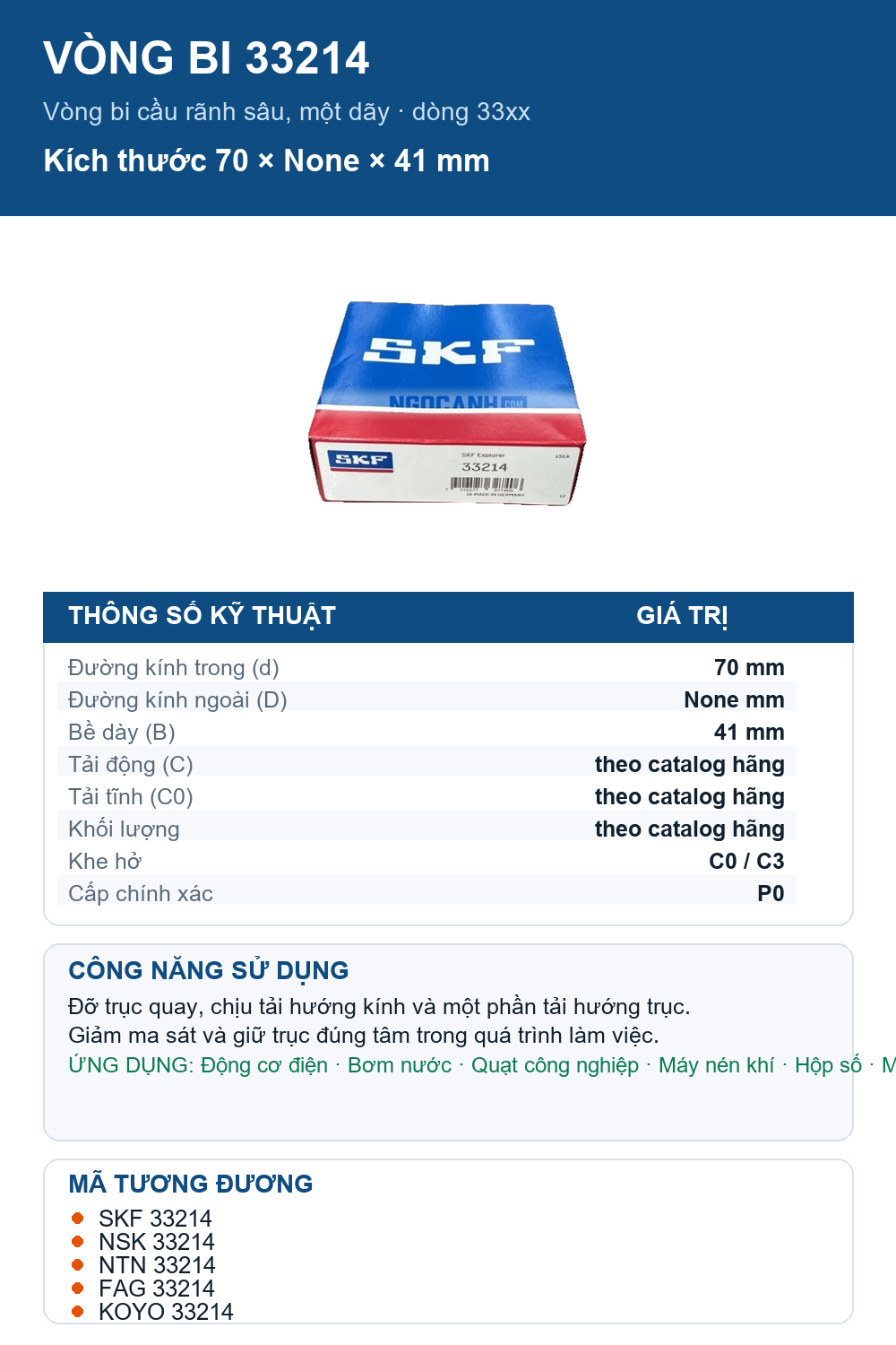 Vòng bi SKF 33214 70x41mm — Ảnh thông số (Pinterest)