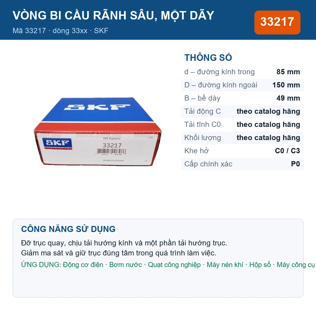 Vòng bi SKF 33217 — kích thước 85x150x49mm