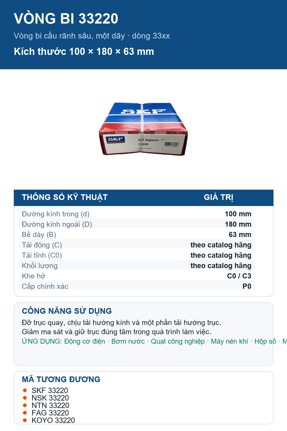 Vòng bi SKF 33220 100x180x63mm — Ảnh thông số (Pinterest)