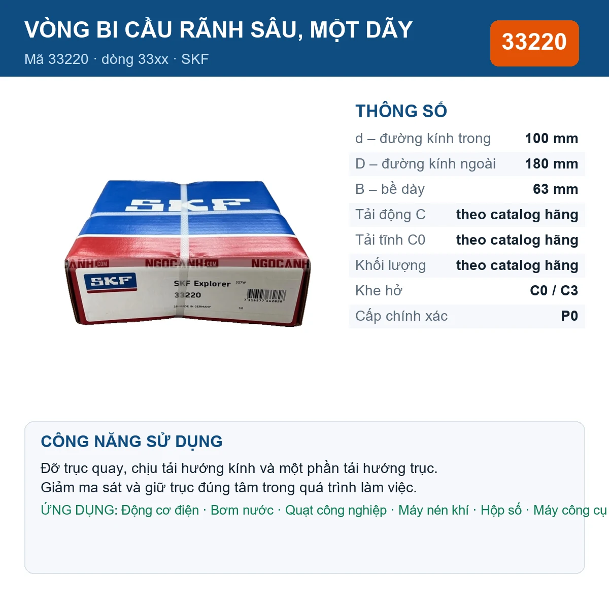 Vòng bi SKF 33220 — kích thước 100x180x63mm