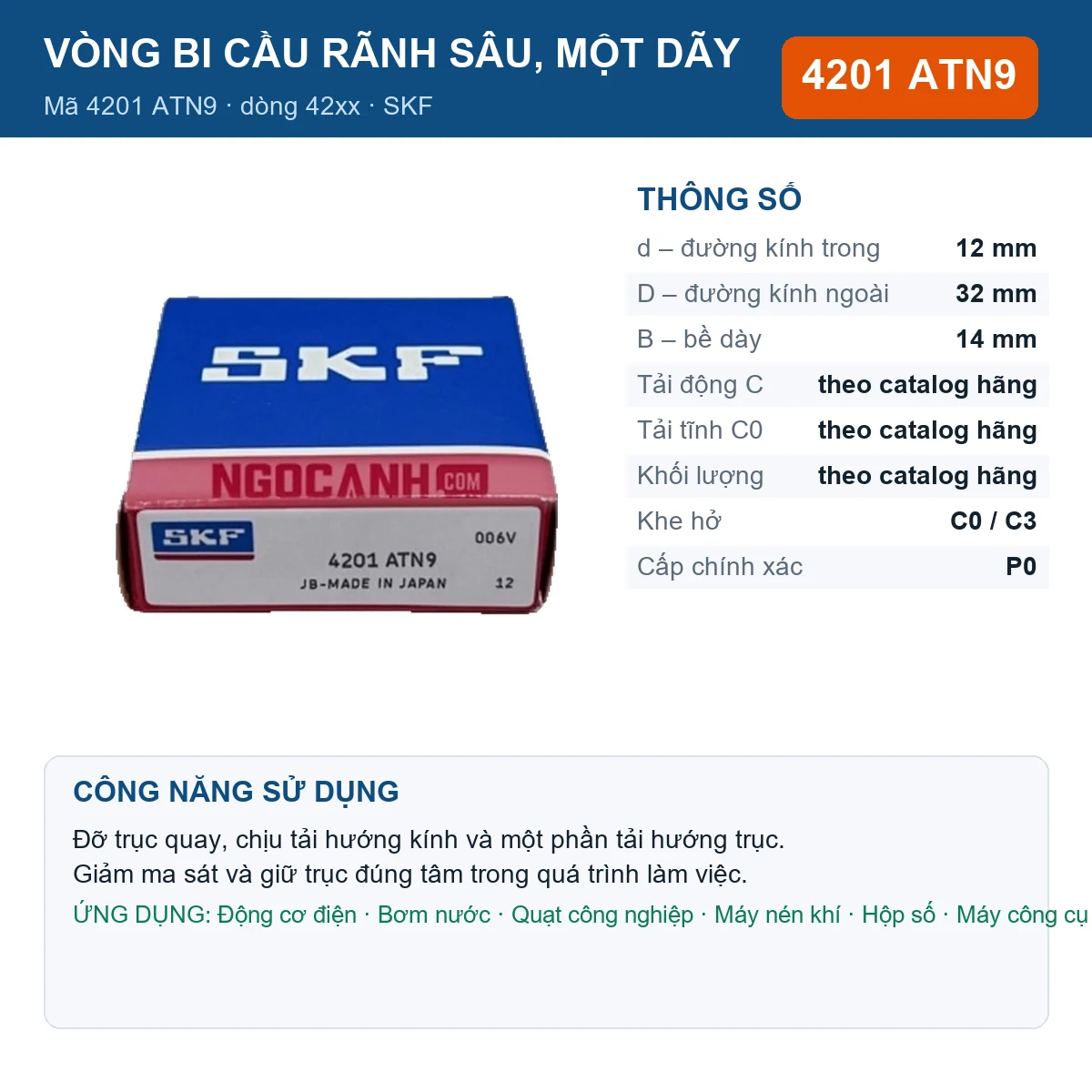 Vòng bi SKF 4201 ATN9 — kích thước 12x32x14mm