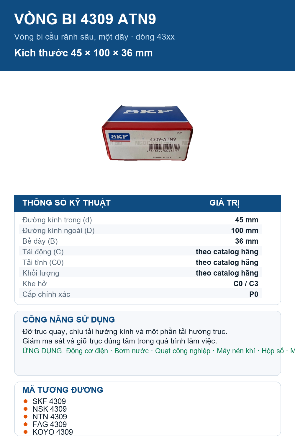 Vòng bi SKF 4309 ATN9 45x100x36mm — Ảnh thông số (Pinterest)