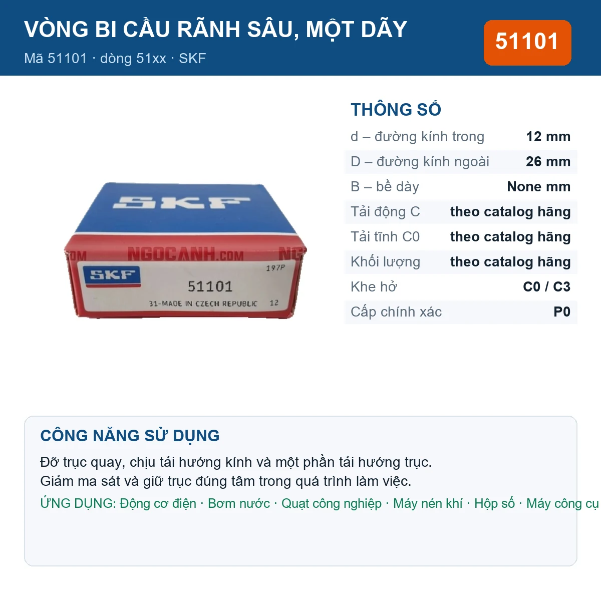 Vòng bi SKF 51101 — kích thước 12x26mm
