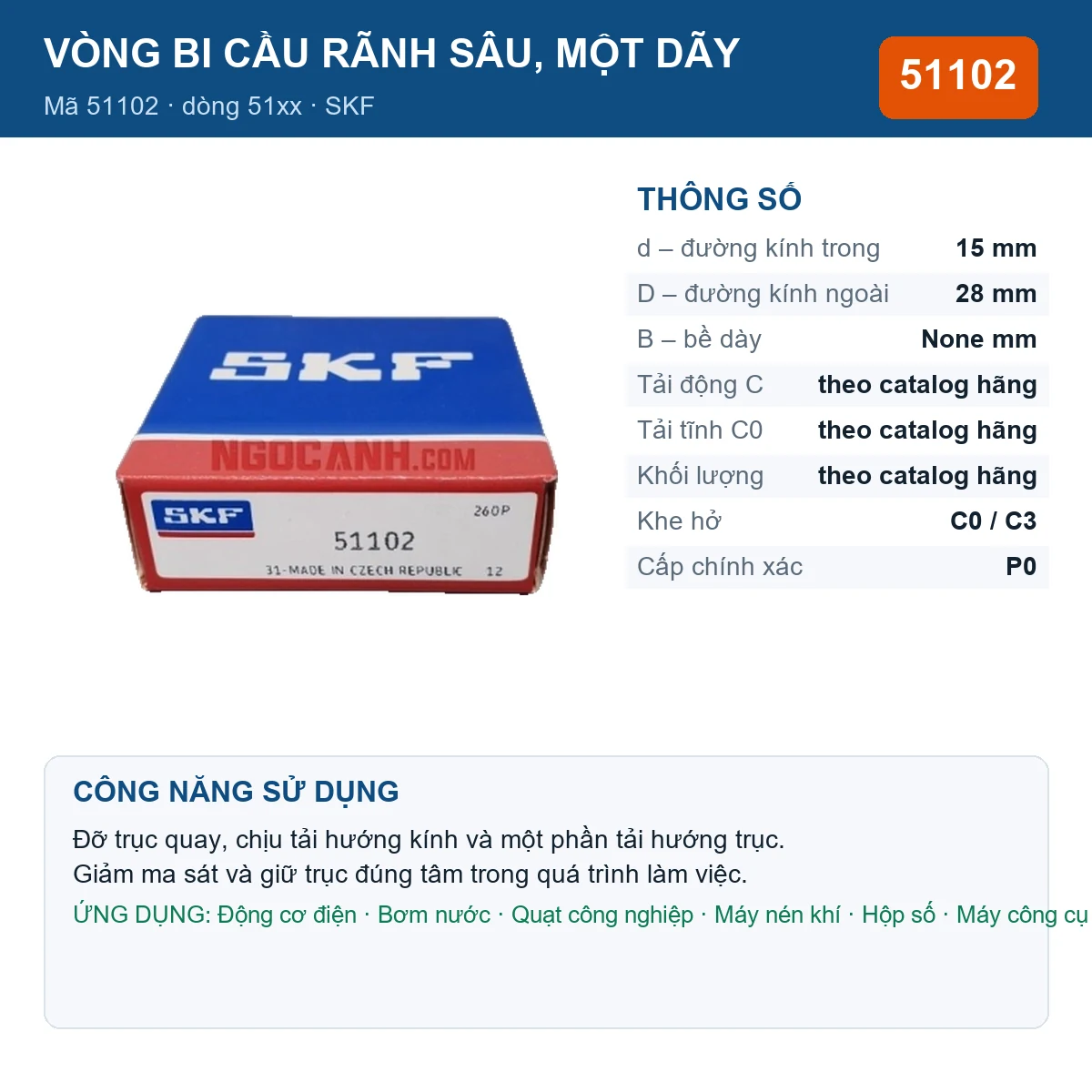 Vòng bi SKF 51102 — kích thước 15x28mm