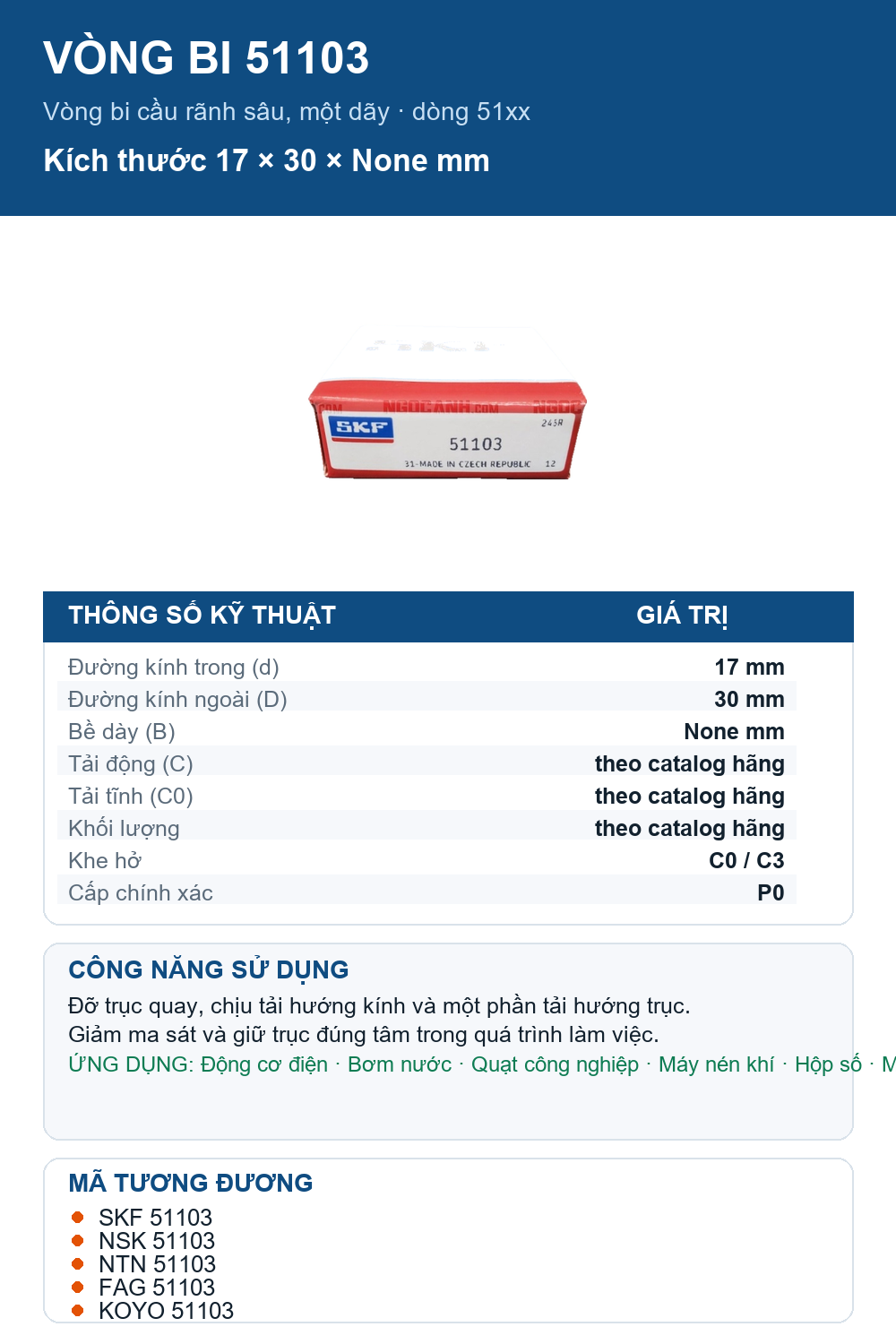 Vòng bi SKF 51103 17x30mm — Ảnh thông số (Pinterest)
