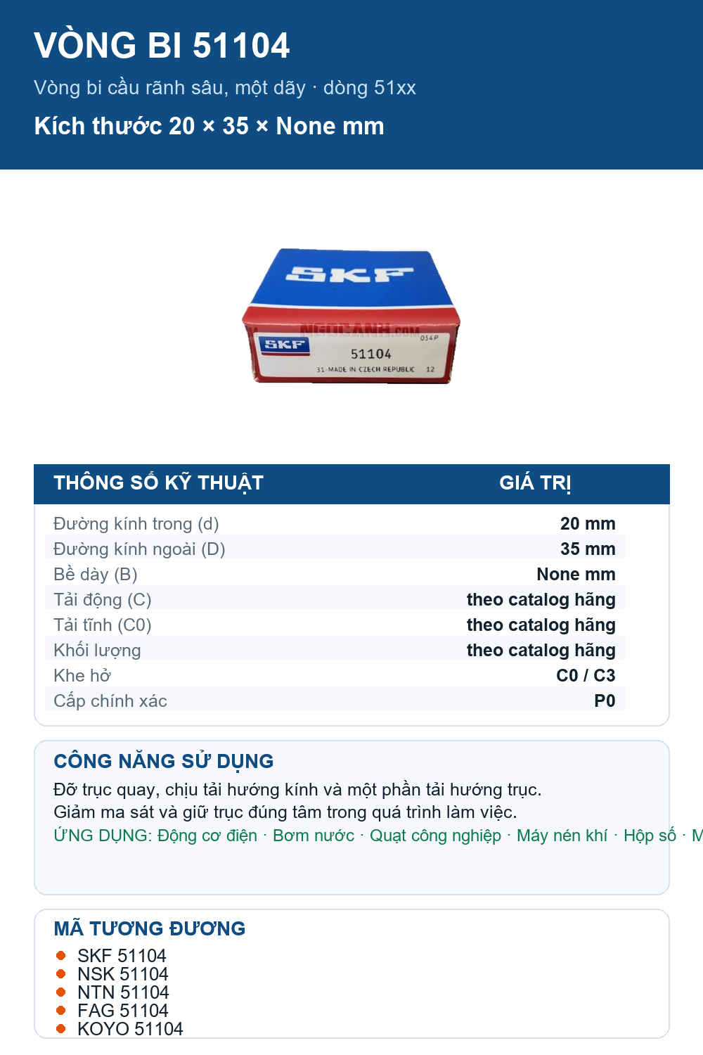 Vòng bi SKF 51104 20x35mm — Ảnh thông số (Pinterest)